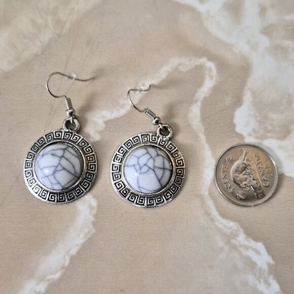 VTG Tibetan Silver Earrings with White Turquoise Look Greek Key Design Tribal - Picture 2 of 3